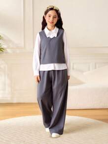 SHEIN 3 件套青少年女孩春秋季蝴蝶装饰长袖衬衫、条纹背心和裤子休闲装 - 深灰色 - 查看 1