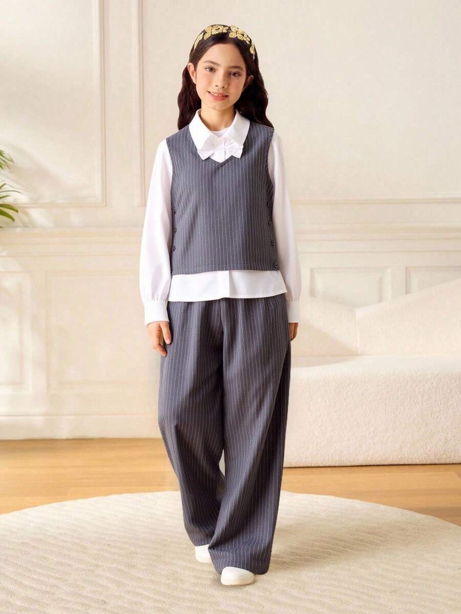 SHEIN 3 件套青少年女孩春秋季蝴蝶装饰长袖衬衫、条纹背心和裤子休闲装 - 深灰色 - 查看 1