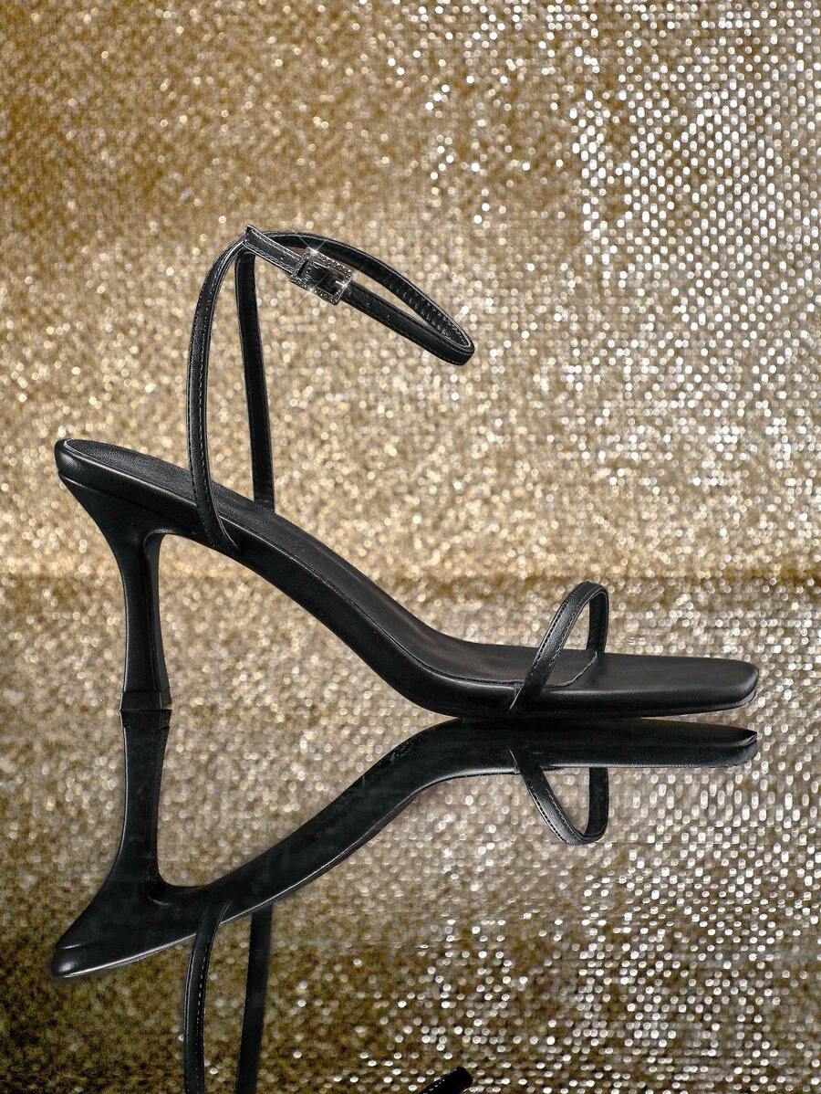 SHUZIA Women's Stylish Square Toe Rhinestone Square Buckle Decor Stiletto Heel Sandals Wedding Shoes - Black - View 1
