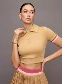 Activina 女士时尚撞色纽扣半襟短袖运动 Polo 衫 - 卡其色 - 查看 3