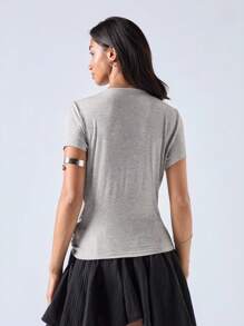 LYSMO Áo hai dây xếp ly cổ chữ V sâu gợi cảm đơn giản mùa hè cho nữ - Xám - Xem 2