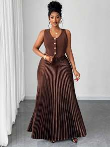 Maweii Conjunto de 2 piezas con chaleco sin mangas de diseño plisado elegante y falda, diseño versátil para mujer talla grande, nuevo para primavera/verano 2025 - Multicolor - Ver 5