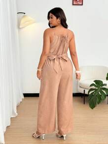 SHEIN PETITE Bộ đồ liền thân ống rộng màu trơn cạp chéo cỡ lớn dành cho nữ - Màu Khaki - Xem 2