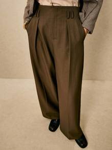 Poéselle 女士简约办公室 OL 纯色宽松百褶口袋休闲裤 - 深灰色 - 查看 1