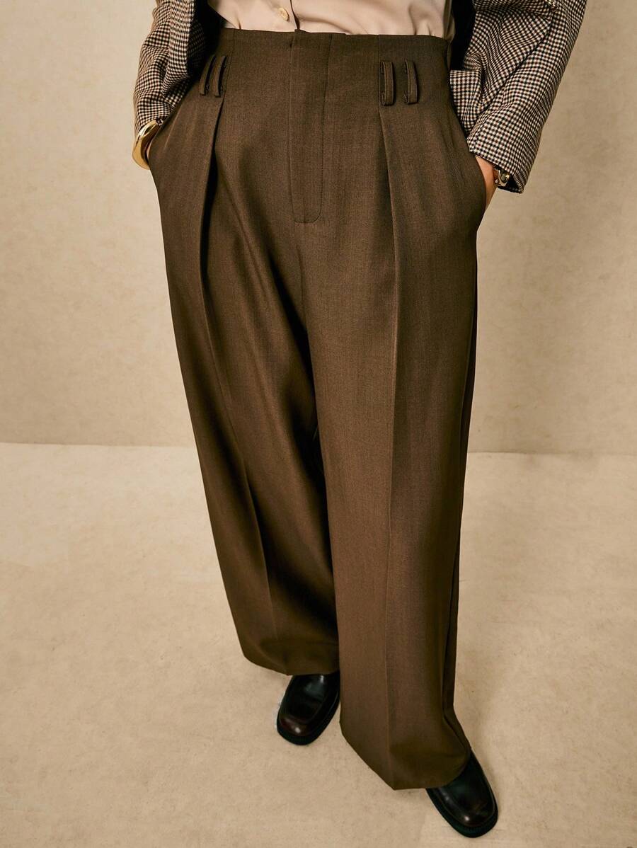 Poéselle 女士简约办公室 OL 纯色宽松百褶口袋休闲裤 - 深灰色 - 查看 1