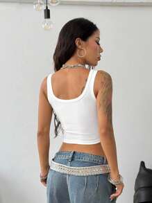 Coolane Women's Summer Concert Rave Festival Going Out Renaissance Fair Club Sexy Y2K Rib Knit White Notched Collar Truncated Tank Top - White - View 7