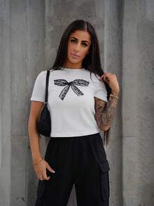 SAYEHFBABY Sommer Lässig schwarzes Spitzen Schmetterling Muster weiß Rundausschnitt Kurzarm Slim Fit Damen T-Shirt