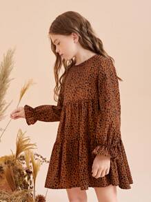 SHEIN Tween Girl Dalmatian Print Flounce Sleeve Ruffle Hem Dress - Brown - View 8