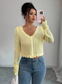 Rafferiza Hollow Out Crew Neck Long Sleeve Single-Breasted Knitted Cardigan Cropped Cardigan Yellow Sweater Fall Cloth For Women - Yellow - View 7