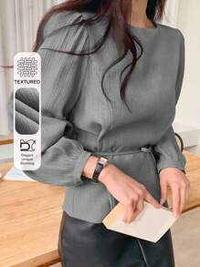 Women Round Neck Puff Sleeve Solid Color Long Sleeve Casual Shirt Lantern Sleeve Blouse - Grey - View 1