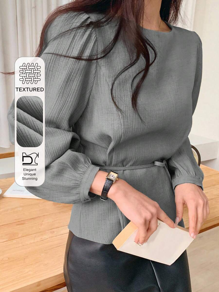 Women Round Neck Puff Sleeve Solid Color Long Sleeve Casual Shirt Lantern Sleeve Blouse - Grey - View 1