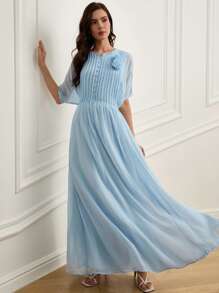 Chiquease European & American Elegant, Lightweight, Luxury Chiffon Pleated, Front Button Down, 3D Floral Decoration Women Long Dress - Blue - View 5