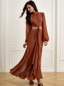 Aveloria 波西米亚风格彩色灯笼袖短款扭褶荷叶边下摆雪纺露背长袖连衣裙，秋季时尚