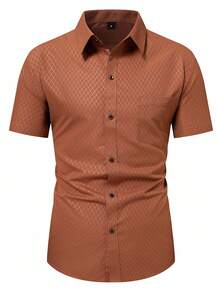 Manfinity Mode Camisa de manga corta con bolsillo de un solo abotonadura con estampado geométrico asimétrico para hombres - Café integral - Ver 3