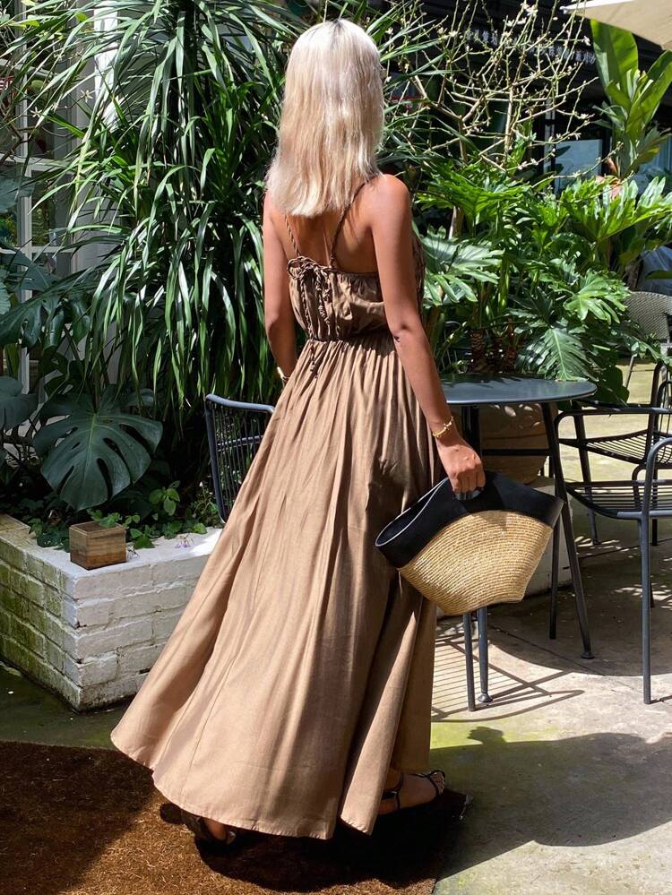 Solid Color Loose A-Line Drawstring Tassel Decor Cami Dress, Casual Holiday Summer Maxi Dress For Women Cruise Outfit For Women