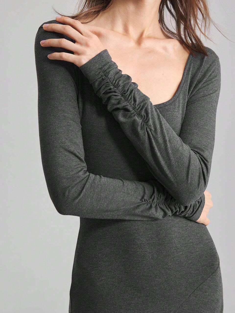 Women's Charcoal Gray Elegant Split Dress,Autumn Effortless Chic Long Sleeve Flare Skirt,Boat Neck Old Money Style High-End Office Business Date Wear