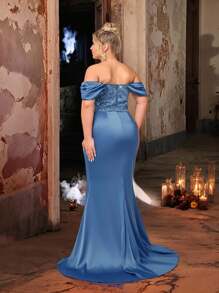 Glamrae Plus Size Elegant & Romantic Off-Shoulder Purple Gown With Rhinestone Accents, Fish Tail Hem And Train, Suitable For Weddings, Graduations, Celebrations, Formal Evenings