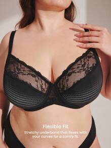 LUVLETTE Plus Pełne pokrycie, wsparcie, oddychająca siateczka na fiszbinach, koronka, elegancki czarny biustonosz typu minimizer, seksowna bielizna - Czarne - Zobacz 4