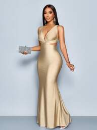 SOLERSUN Vestido largo elegante de mujer de unicolor, con cuello en V profundo, espalda descubierta y ajuste entallado en la Bottom tipo cola de pez