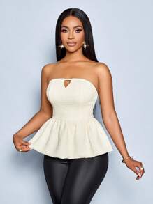 SOLERSUN Spring And Summer Women's Wear Daily Leisure Elegant Commuter Apricot Woven Textured Fabric Sleeveless Tube Top Hollow Key Collar Open Back Pleated Bubble Hem Top - Apricot - View 6