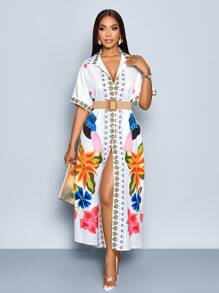 SOLERSUN Women's Elegant Hot Selling Fashion Autumn Tropical Floral Print Design Casual/Commuter Ladies Batwing Sleeve Blouse With Front Buttons, A-Line Loose High-Low Hem Blouse - White - View 3