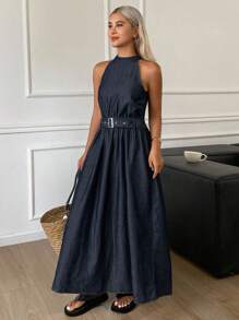 Livesso Western Cowgirl Sleeveless Cinched Waist A-Line Midi Skirt Casual Holiday Denim Dress For Women, Summer