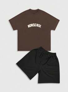 ROMWE MEN Street Life 2pcs Men Set: Batwing Sleeve T-Shirt And Shorts, Halloween - Coffee Brown - View 2