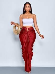 SOLERSUN Váy xếp ly màu trơn thời trang nữ - Màu Đỏ Sâu - Xem 3