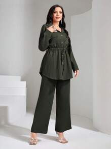 Graceveil Flap Pocket Drawstring Waist Shirt & Wide Leg Pants 2 Pieces Set Modest - Army Green - View 5