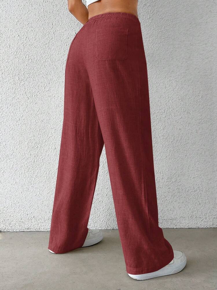 SHEIN EZwear 女士梭织酒红色宽松休闲直筒裤，带口袋 - 酒紅色 - 查看 2