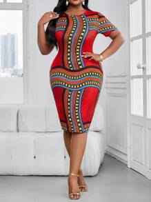 SHEIN Lady Abito midi a maglia con scollo tondo, colorato, elegante stile boho, adatto per l'ufficio e il tempo libero, taglie forti, vestiti eleganti da donna, look raffinati