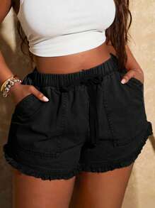 SHEIN SXY 大码女式新款复古水洗复古松紧腰流苏下摆短裤，适合日常穿着，音乐节、音乐会、狂欢派对、海滩度假、约会之夜、生日、单身派对、俱乐部、可爱、休闲、购物、街头服饰、外出 - 黑色 - 查看 1