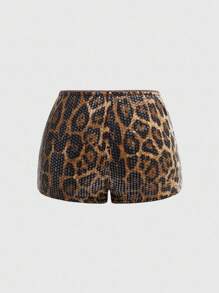 ROMWE Grunge Punk Y2K 节日性感套装：加大码低胸背心和豹纹亮片迷你短裤 - 棕色 - 查看 5