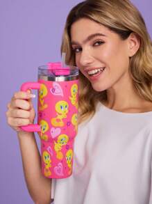 LOONEY TUNES X SHEIN 40oz Tumbler With Handle, Insulated Cup, Vacuum Insulated Water Bottle, Stainless Steel Travel Mug, Car Mug, Y2k - Pink - View 2