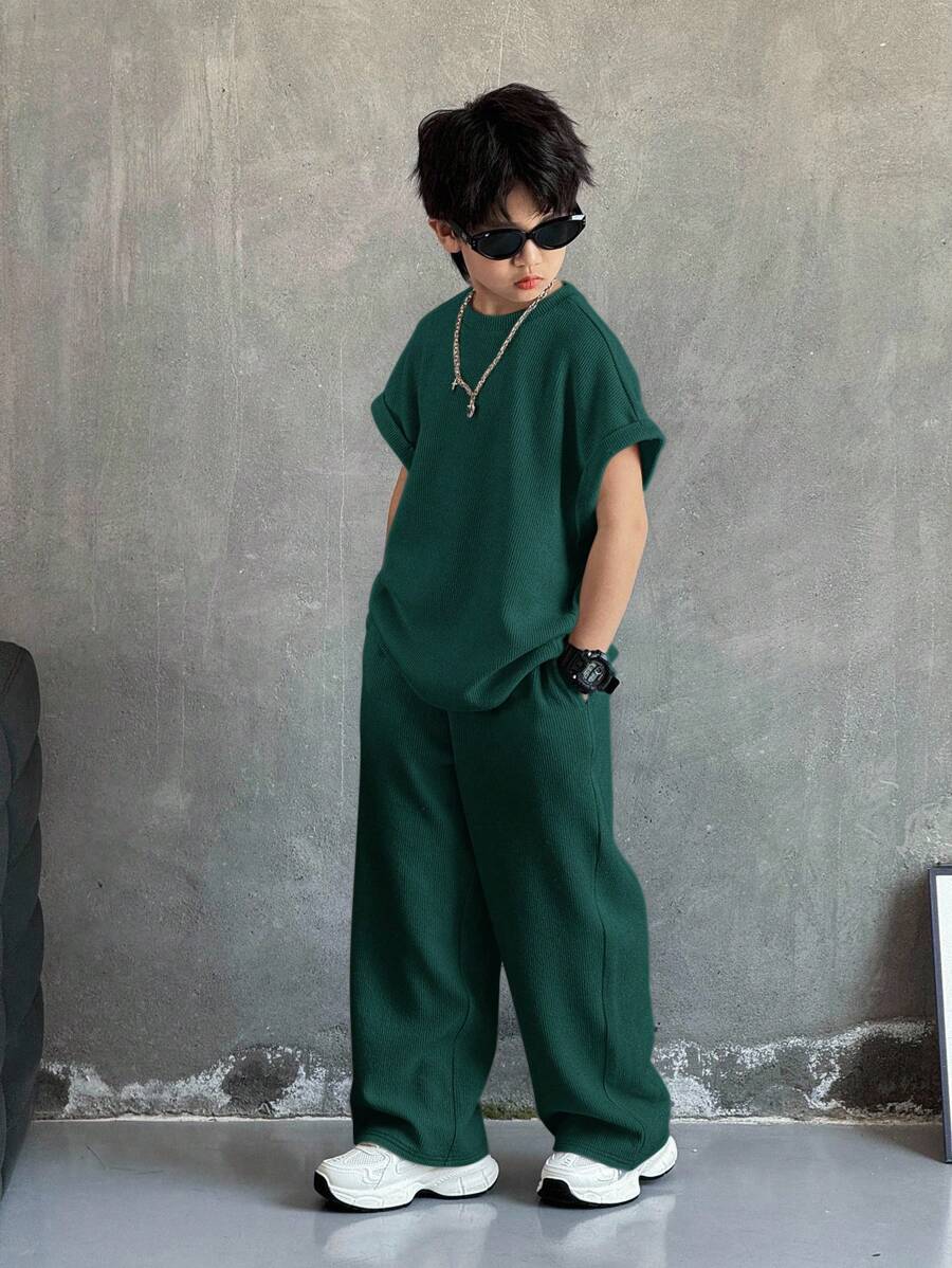 Tween Boy 休闲韩版宽松杏色百搭背心和长裤套装,适合通勤、上学、日常休闲、运动、春夏季度假 - 墨綠色 - 查看 1