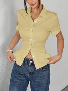 SHEIN PETITE 白色女款收腰百褶短袖襯衫，適合嬌小身型女性 - 黃色 - 查看 4