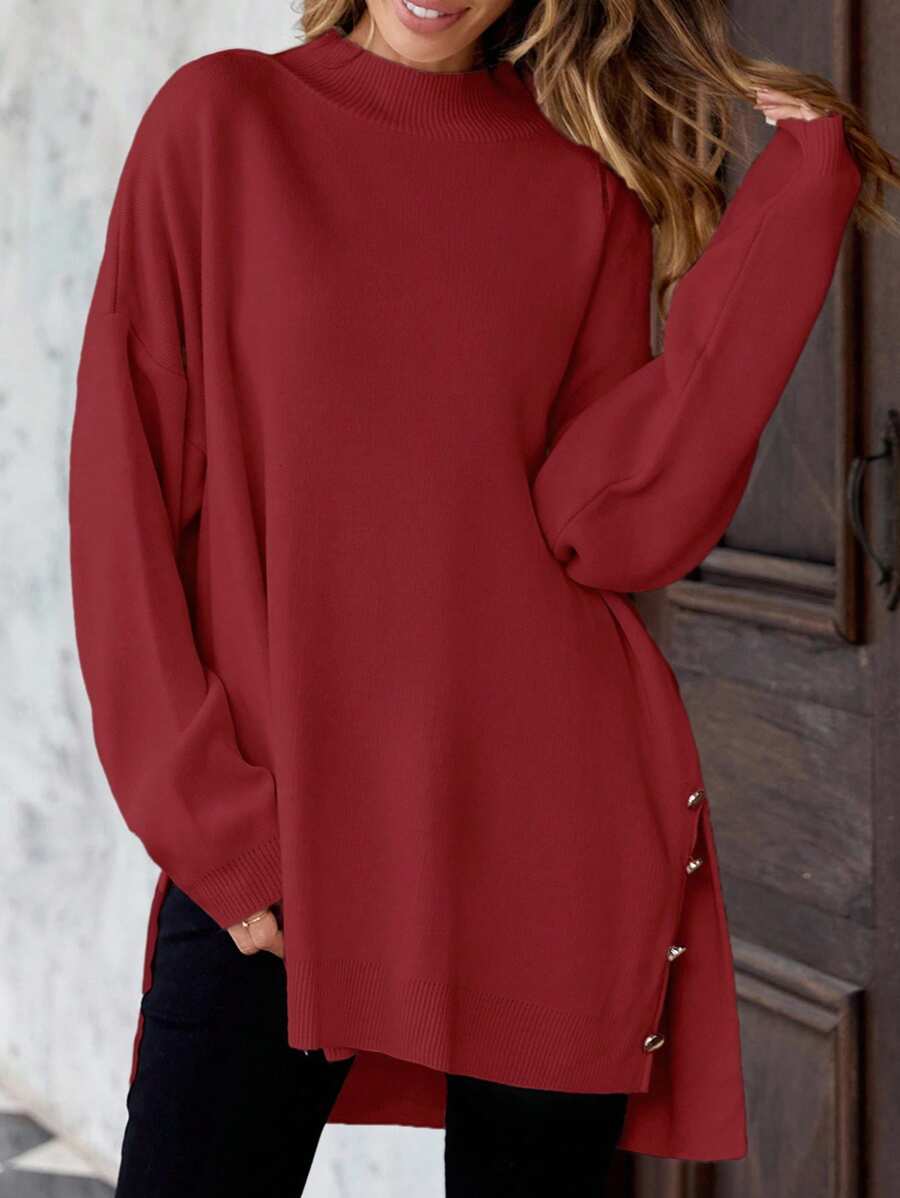 SHEIN Cottnline Suéter De Talla Grande Con Detalles De Botón Y Abertura Lateral - Rojo - Ver 1