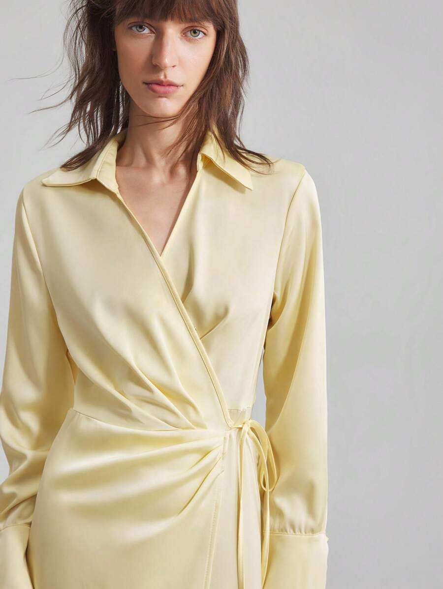 Ontre Women's Pale Yellow Autumn Elegant Tea Party Satin Wrap Dress,Long Sleeve V-Neck Tie Collar Waisted Loose Casual Business Commuter Mid-Length Dress - Yellow - View 1