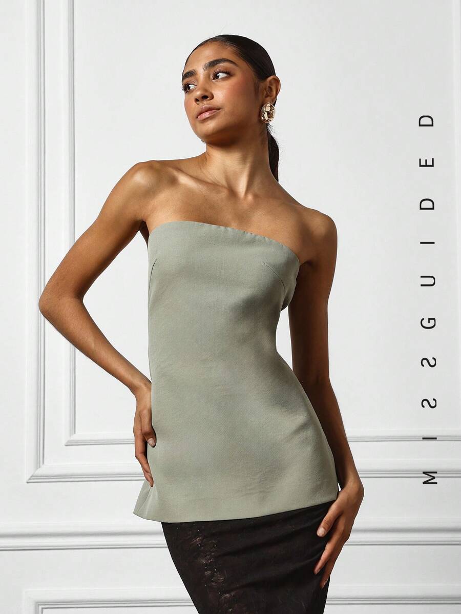 MISSGUIDED Back Zipper Tube Top - Light Grey - View 1