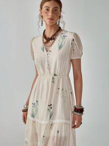 Florisole Váy thắt eo thêu thanh lịch mùa hè cho nữ - Màu be - Xem 4