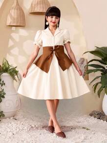 Tween Girl Two Tone Puff Sleeve Shirt Dress With Corset - Apricot - View 1