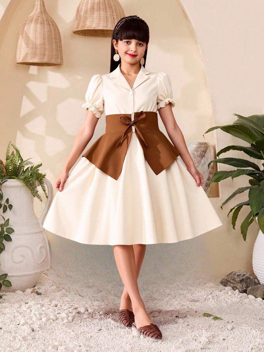 Tween Girl Two Tone Puff Sleeve Shirt Dress With Corset - Apricot - View 1