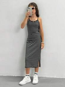 Tween Girl Striped Fitted Side Slit Cami Dress - Black and White - View 5