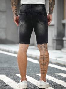 Manfinity LEGND 男士破洞时尚夏季休闲磨边牛仔短裤 男士破洞黑色牛仔短裤 红色点缀黑色牛仔短裤 - 黑色 - 查看 2