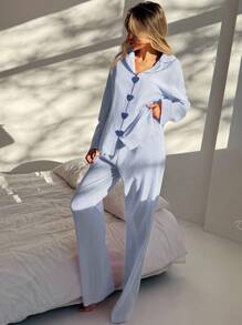 Aloruh 2pcs/Set Pakaian Kasual Wanita Atasan Lengan Panjang Motif Garis-garis dan Celana - Dusty Blue - View 3