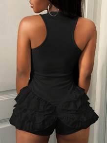 BamGleam Women's Solid Color Square Neck Sleeveless Wide Strap Ruffle Hem Layered Jumpsuit - Black - View 2