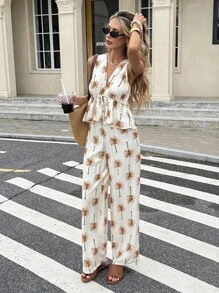 Serisse 2 Stücke/Set Damen Urlaubsresort Palmendruck Tiefer V-Ausschnitt Ärmellos Sommer Shirt und Hose Sommeroutfit für Damen Zweiteiler Damen Urlaubsoutfit Damen Strandoutfit für Sommer Urlaub Damen Resort Wear, Sommer Sets