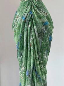 SHEIN LUNE 大码女式 V 领修腰吊带吊带装饰露背连衣裙，节日装，春夏季 - 綠色 - 查看 3