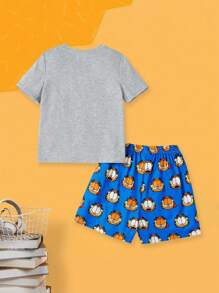 GARFIELD X SHEIN Young Boy Cat Graphic Round Neck Short Sleeve Top And Allover Cat Print Shorts Pajama Set, Suitable For Spring/Summer