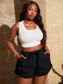 SHEIN SXY 大码女式新款复古水洗复古松紧腰流苏下摆短裤，适合日常穿着，音乐节、音乐会、狂欢派对、海滩度假、约会之夜、生日、单身派对、俱乐部、可爱、休闲、购物、街头服饰、外出 - 黑色 - 查看 8